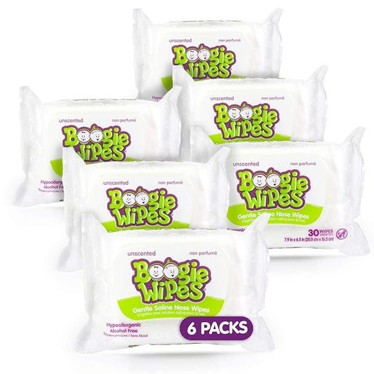 Baby Wipes Unscented by Boogie Wipes, Wet Wipes for Face, Hand, Body & Nose, Made with Vitamin E, Aloe, Chamomile and Natural Saline, 30 Count, Pack of 6