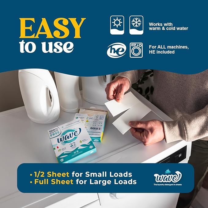 Wave Laundry Detergent Sheets - Scented (32 Loads) - Dissolves Faster & Higher Cleaning Power over competitors - Multi-Purpose Laundry Cleaner - 100% Plastic Free