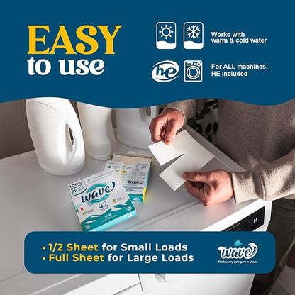 Wave Laundry Detergent Sheets - Scented (32 Loads) - Dissolves Faster & Higher Cleaning Power over competitors - Multi-Purpose Laundry Cleaner - 100% Plastic Free