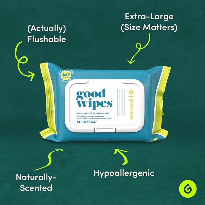 Goodwipes Flushable Butt Wipes Made with Vitamin E & Aloe - Soft & Gentle Wet Wipe Dispenser for Home Use, Septic & Sewer Safe - Largest Adult Toilet Towelettes - Shea Coco, 60 Count (Pack of 8)
