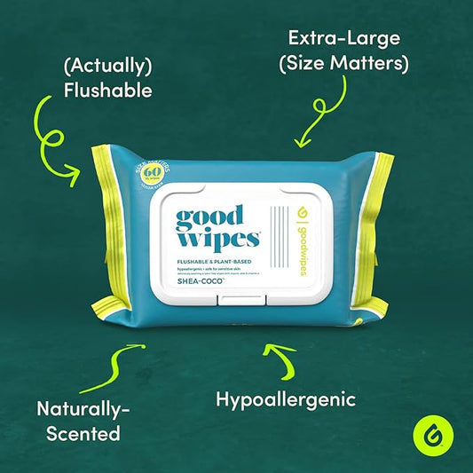 Goodwipes Flushable Butt Wipes Made with Vitamin E & Aloe - Soft & Gentle Wet Wipe Dispenser for Home Use, Septic & Sewer Safe - Largest Adult Toilet Towelettes - Shea Coco, 60 Count (Pack of 8)