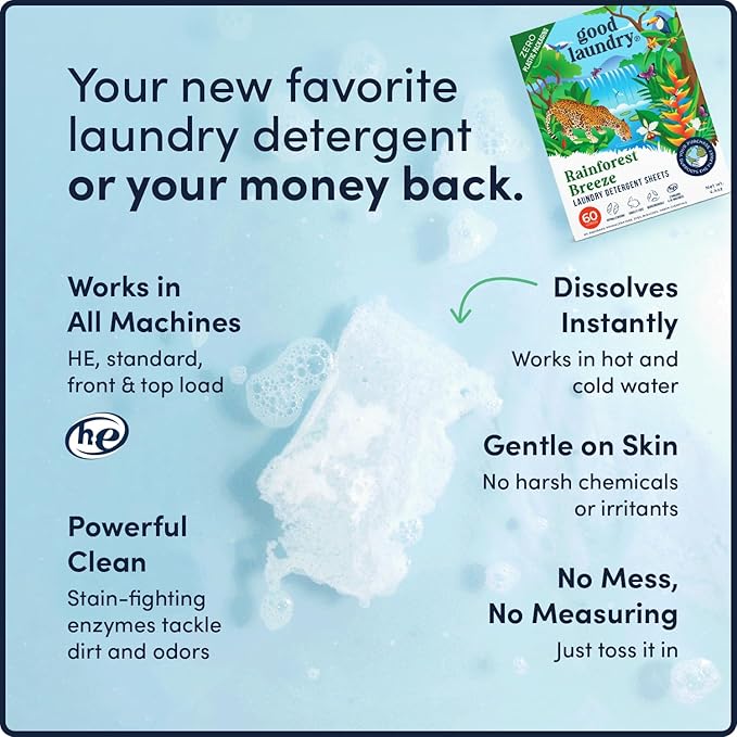 Detergent Sheets - Rainforest Breeze Scented (60 Loads) - Eco-Friendly Laundry Detergent Sheets, Hypoallergenic, No Plastic Jugs or Waste - Based in the USA