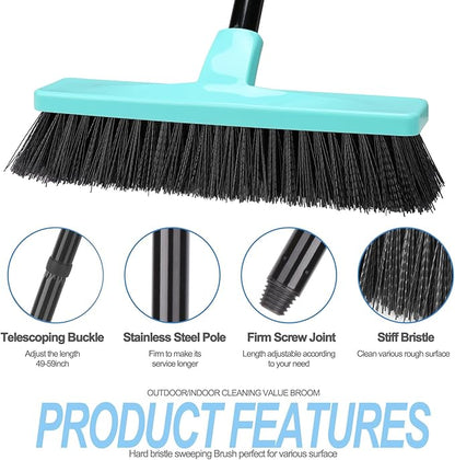 Push Broom Stiff Bristles Outdoor Broom with 51" Long Handle for Cleaning Scrubbing Deck Driveway Yard Patio Garage Concrete Wood Stone Tile Multi-Surface Floor