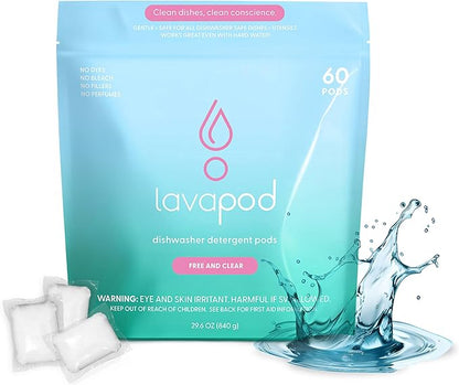Natural Dishwasher Detergent Pods| Free and Clear (Unscented) Dish Tabs, Eco-Friendly Plant Based Enzymes | Leaves Dishes Sparkling, 60 Count