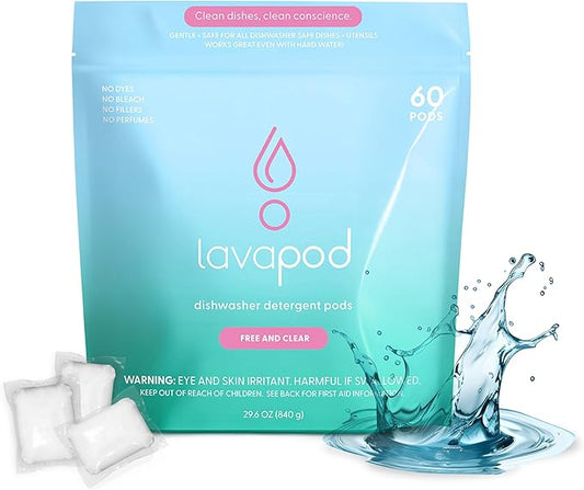 Natural Dishwasher Detergent Pods| Free and Clear (Unscented) Dish Tabs, Eco-Friendly Plant Based Enzymes | Leaves Dishes Sparkling, 60 Count