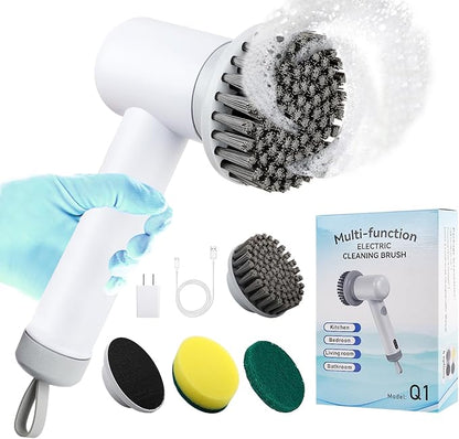 Rechargeable Handheld Scrubbers for Cleaning,Cordless,Power Indicators Electric Spin Scrubber,2 Adjustable Speeds,with 3 Replaceable Cleaning Brush Heads-Suitable for Tub,Kitchen Stove-White
