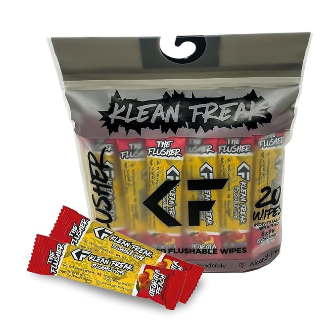 THE KLEAN FREAK FLUSHER - Flushable Wipes For Adults & Kids - 100% BIODEGRADABLE Individual Wrapped Travel WET Wipe for Toilet - Soothing Aloe & Witch Hazel - Alcohol Free 20 Pack -Georgia Peach