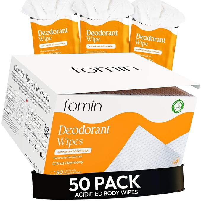 FOMIN Acidified Travel Deodorant Wipes For Women & Men - 50 Count - Citrus Harmony - pH Balanced, Mini Deodorant Travel Size Wipes - Plastic-Free, Individually Wrapped Underarm Body Wipes