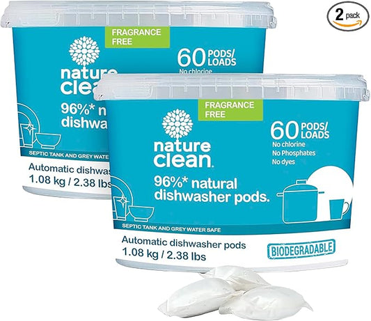 Nature Clean All Natural Dishwasher Pods, Plant-Based Non Toxic Dishwasher Detergent Pods, Dishwashing Pods Tough on Grease, Dish Pods for Dishwasher, Unscented Dishwasher Pods, 60 Count, Pack of 2