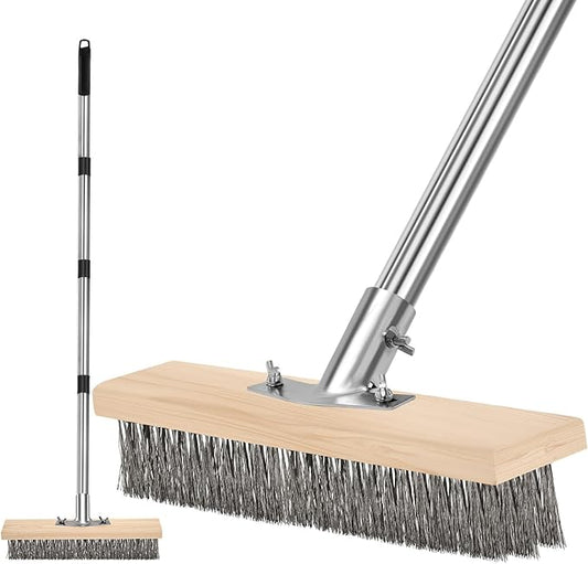 Heavy Duty Wire Brush, Multifunction Outdoor Push Broom for Garden Cleaning, Wide Metal Scrub Broom with Detachable 64.9in Handle for Deck Pavers Patios Walkways Concrete Floor