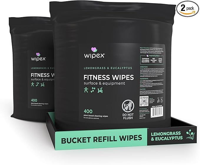 Wipex Gym Wipes Bucket Refill Roll - Plant-based Fitness Equipment Wipes, Lemongrass, Eucalyptus & Vinegar Wipes to Clean Surfaces, Yoga Mat & Gym Cleaner and Peloton Bikes, 400 Count (Pack of 2)