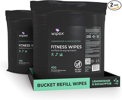 Wipex Gym Wipes Bucket Refill Roll - Plant-based Fitness Equipment Wipes, Lemongrass, Eucalyptus & Vinegar Wipes to Clean Surfaces, Yoga Mat & Gym Cleaner and Peloton Bikes, 400 Count (Pack of 2)