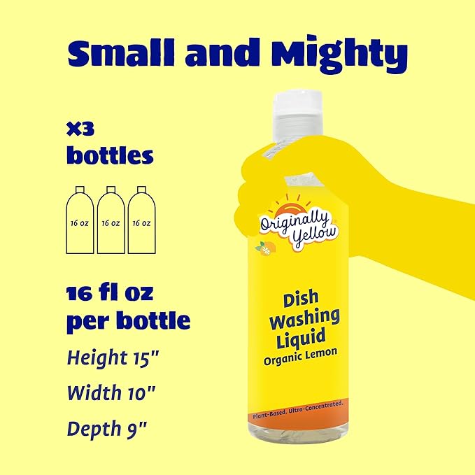 Originally Yellow Plant-Based Dish Soap Infused with Organic Lemon | Quick-Drying Dishwashing Liquid Removes Dirt and Grease | Streak-Free Dish Soap, 16 Fl Oz (3-Pack)
