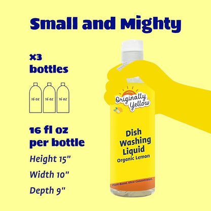 Originally Yellow Plant-Based Dish Soap Infused with Organic Lemon | Quick-Drying Dishwashing Liquid Removes Dirt and Grease | Streak-Free Dish Soap, 16 Fl Oz (3-Pack)