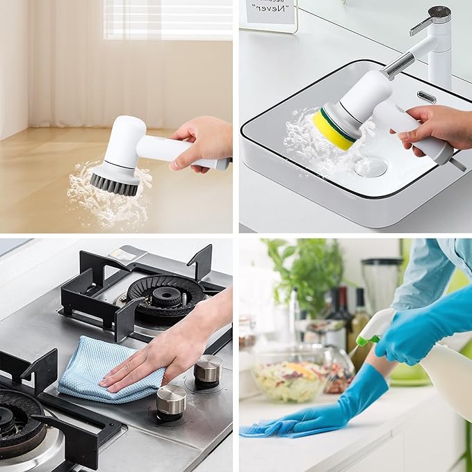 Rechargeable Handheld Scrubbers for Cleaning,Cordless,Power Indicators Electric Spin Scrubber,2 Adjustable Speeds,with 3 Replaceable Cleaning Brush Heads-Suitable for Tub,Kitchen Stove-White