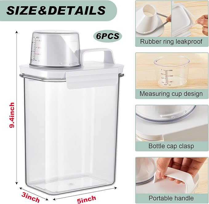Tatuo 6 Pack 61 oz Laundry Detergent Dispenser Liquid Laundry Soap Dispenser Plastic Laundry Detergent Container with Lids for Laundry Room Organization Storage Laundry Powder Fabric Softener