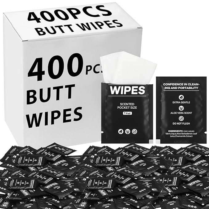 400 Pcs Butt Wet Wipes for Women Individually Wrapped Wipes for Women Man Travel Hand Face Body Cleaning Adults Bathroom Toilet Daily Use(Black)