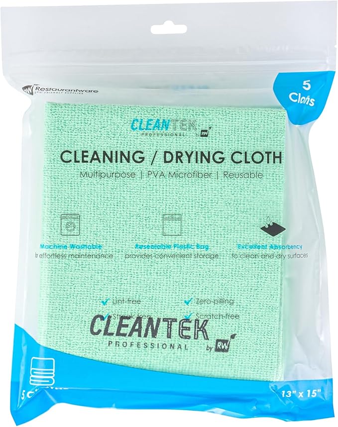 Restaurantware-Clean Tek Professional 13 x 15 Inch Cleaning Cloths, 5 Reusable Cloth Towels - Machine Washable, Absorbent, Green PVA Microfiber Cleaning Rags, Fast Drying,For Windows Or Cars