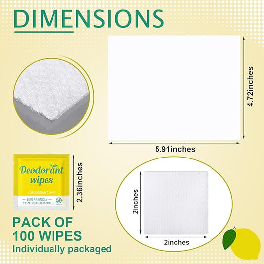 Timgle 100 Pcs Travel Deodorant Wipes Individually Wrapped Armpit Antiperspirant Deodorant Sweat Body Wipes for Women Men Teens Sports Travel Cleanse Skin and Underarm Excessive Sweating(Lemon)
