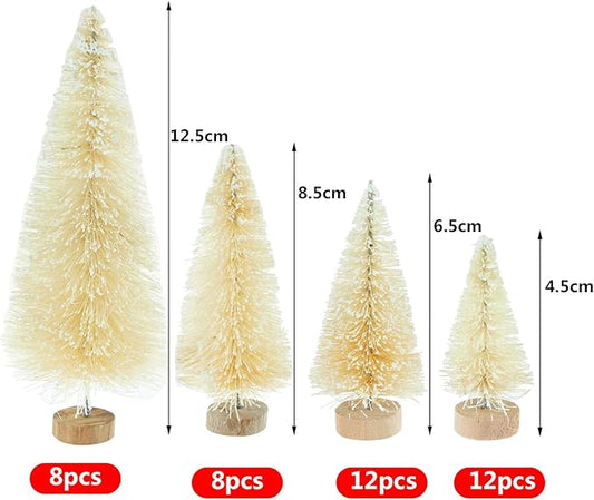 Yookat 40Pcs Mini Pine Trees Artificial Mini Trees with Wood Base Sisal Trees Bottle Brush Trees Assorted Color for Christmas Decoration Winter Ornaments DIY Crafts (Beige)