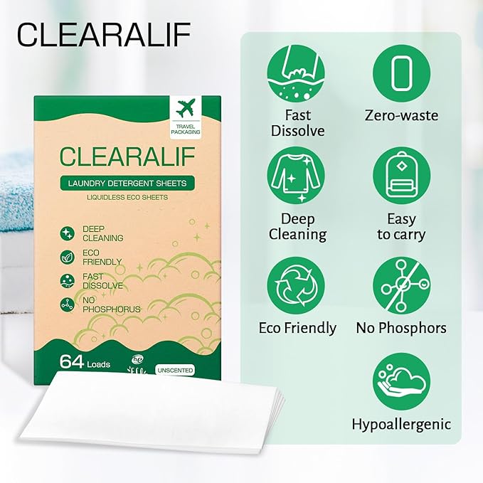 CLEARALIF Laundry Detergent Sheets, Unscented, 64 Load, CLEARALIF Laundry Detergent Strips Eco Friendly & Hypoallergenic
