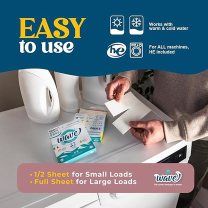 Wave Laundry Detergent Sheets - Unscented (64 Loads) - Dissolves Faster & Higher Cleaning Power Over Competitors - Multi-Purpose Laundry Cleaner - 100% Plastic Free