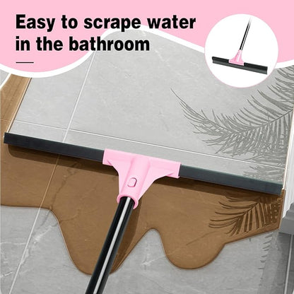 17.3'' Floor Squeegee Shower Broom, Heavy Duty Rubber Scraper with Extendable Handle, Large Sweeper for Bathroom, Tile Floor, Window, Patio, Garage, Deck (Black Pink)