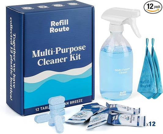 Multi-surface Cleaner Kit, SplashSpray All Purpose Cleaner, 12 Tablets Multipurpose Cleaner Refills with Reusable Glass Bottle, Plant Based, Bathroom/Kitchen Cleaning - Ocean Breeze