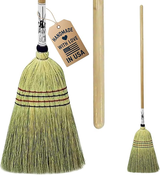 Handmade Amish Corn Broom with Wooden Handle – 57" Heavy Duty Broom for Courtyard, Lobby & Market, 100% Corn Fill Straw Broo'm, 4 Sews Indoor & Outdoor Bristle for Sweeping - Yellow