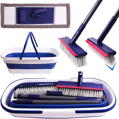 Collapsible Mop and Bucket Set, Bafezoze Microfiber Dust Mop, Floor Scrubber, Grout Brush with Long Handle for Bathroom RV Tile Cleaning