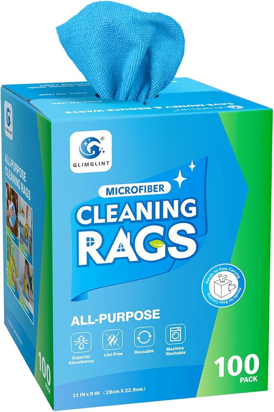 Microfiber Cleaning Cloth, 100 Pack Cleaning Rags, Lint-Free, Ultra Absorbent Reusable Paper Towels for Home, Kitchen, Car, Garage or Shop, Dish Rags, 11" x 9", Blue
