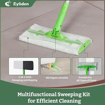 Eyliden Disposable Mop Starter Kit - 60 Refills Pack: 1 Sweeper, 12 Wet Cloths, 36 Pet Hair Mop Pads, 12 Dry Sweeping Cloths
