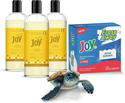 JOY Pure Natural Liquid Dish Soap | Biodegradable Formula | Lemon Verbena Scent | 16 fl. oz - Pack of 3, Bundled With 2 Erase Pads