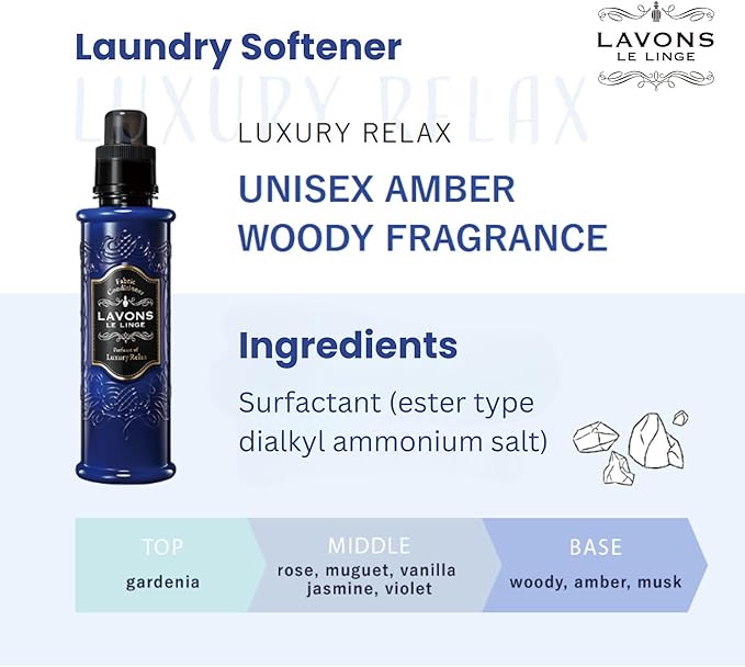 Natural Fabric Conditioner for Sensitive Skin, Plant-Based Laundry Softener for Baby & Pet, Reduces Fabric Wrinkles, Long-Lasting Scent & Odor Control from Japan, LUXURY RELAX, 20.3 Fl Oz