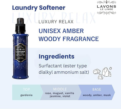 Natural Fabric Conditioner for Sensitive Skin, Plant-Based Laundry Softener for Baby & Pet, Reduces Fabric Wrinkles, Long-Lasting Scent & Odor Control from Japan, LUXURY RELAX, 20.3 Fl Oz