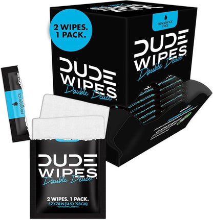DUDE Wipes - Double Deuce - Two-In-One On-The-Go Flushable Wipes - 2 Pack, 80 Wipes - Unscented Extra-Large Individually Wrapped Wipes with Vitamin E & Aloe - Septic and Sewer Safe