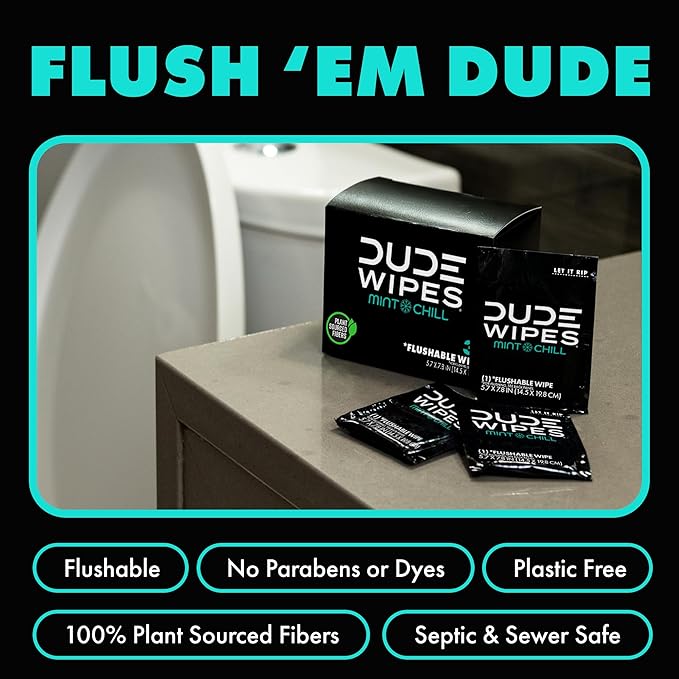 DUDE Wipes - On-The-Go Flushable Wipes - 48 Count (Pack of 2) - Mint Chill Extra-Large Individually Wrapped Adult Wet Wipes with Eucalyptus & Tea Tree Oil - Septic and Sewer Safe