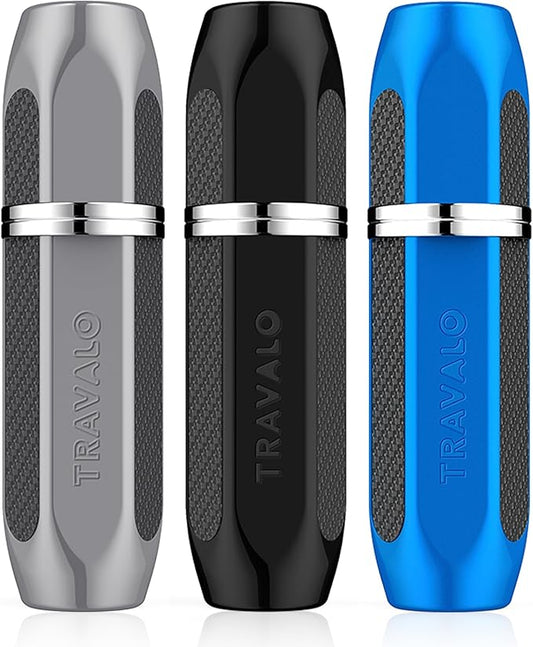 Travalo Vector Perfume Atomizer Bundle - Leak-Proof and TSA Approved for Air Travel - Reusable, Easy Fill Mini Sprayer - Lightweight, Stylish Metal Outer Case - Silver, Blue, Black - 3 Pack