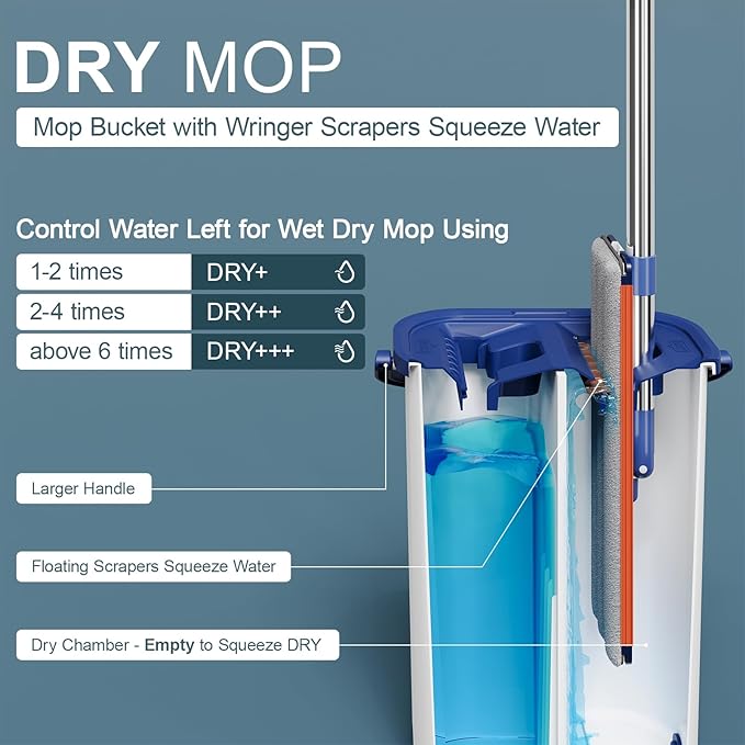 Large Mop and Bucket with Wringer Set for Home, Hands Free Flat Floor Mop and Bucket System with 4 Washable Microfiber Pads, Wet and Dry Use, Mops for Floor Cleaning, Two Bucket Mop System
