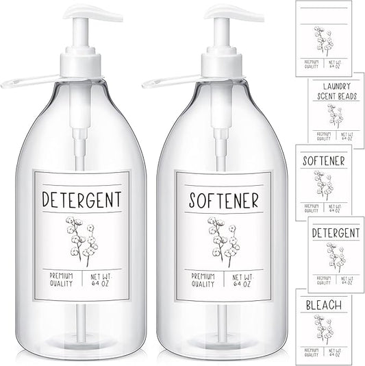 Sawysine 2 Pcs Laundry Soap Dispenser 64 oz Liquid Laundry Detergent Dispenser Plastic Laundry Detergent Container Fabric Softener Dispenser with Pumps Caps and 45 Laundry Labels