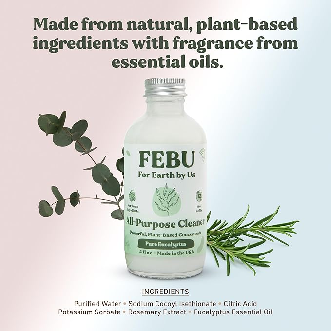 FEBU All Purpose Cleaner, Pure Eucalyptus, 4oz | Powerful Natural Cleaner Concentrate With Essential Oils | Makes 192 Fl Oz of Multipurpose Spray | Plant-Based, Human Safe Ingredients | Plastic Free