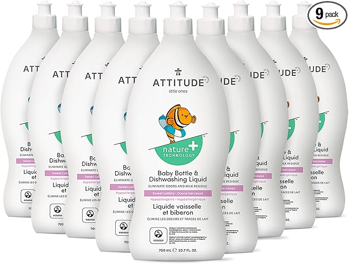 ATTITUDE Baby Dish Soap and Bottle Cleaner, EWG Verified Dishwashing Liquid, No Added Dyes or Fragrances, Tough on Milk Residue and Grease, Vegan, Sweet Lullaby, 23.7 Fl Oz (Pack of 9)