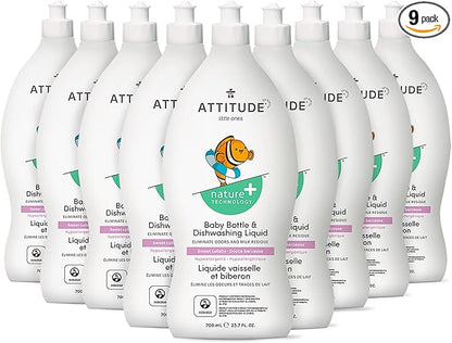 ATTITUDE Baby Dish Soap and Bottle Cleaner, EWG Verified Dishwashing Liquid, No Added Dyes or Fragrances, Tough on Milk Residue and Grease, Vegan, Sweet Lullaby, 23.7 Fl Oz (Pack of 9)