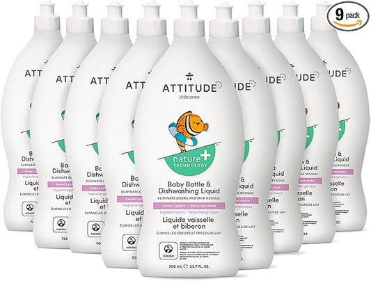 ATTITUDE Baby Dish Soap and Bottle Cleaner, EWG Verified Dishwashing Liquid, No Added Dyes or Fragrances, Tough on Milk Residue and Grease, Vegan, Sweet Lullaby, 23.7 Fl Oz (Pack of 9)
