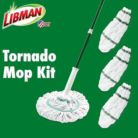 Libman Tornado Self Wringing Mop & 3 Refills - Cotton Mop Head, Machine Washable, 4 Total Heads