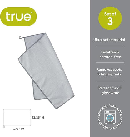 True Microfiber Towels, Wine Glass Polishing Cloths, Streak Free Microfiber Cloth and Lint Free Towels, Grey, Set of 3