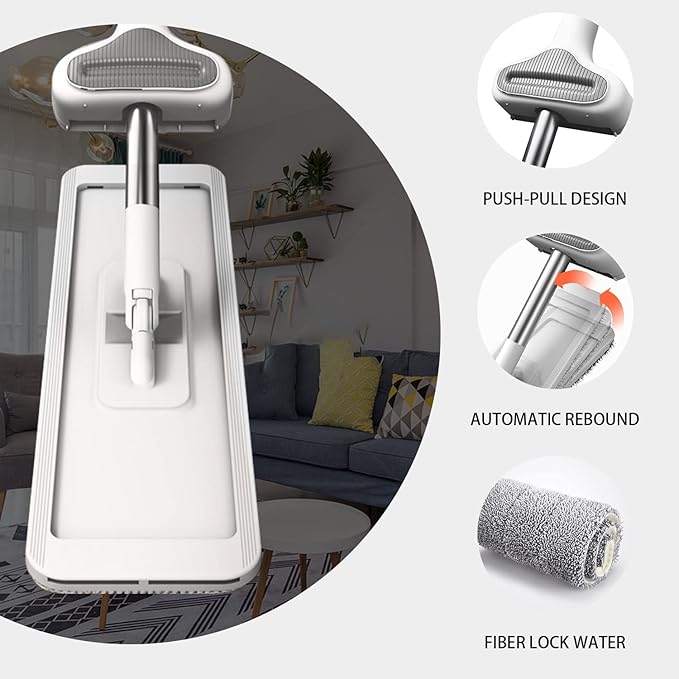 360 Hands-Free Self Wringing Floor Cleaning Mop, Flat Mop - Microfiber with 4 x Washable Pads, Hand Washing Free for Hardwood and Window, White