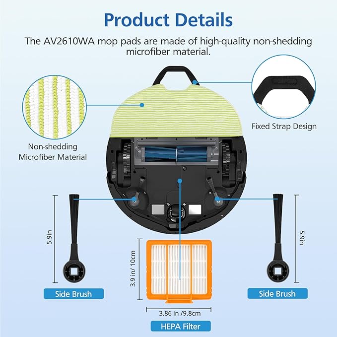 AV2610WA RV2610WA Vacuum Mop Replacement Pads Compatible with Shark AV2610WA RV2610WA RV2620WA RV2620WD RV2610WD RV2410WD AI Ultra 2- in-1 Robot Vacuum, 4 Mop Pads, 2 HEPA Filters, 4 Side Brushes