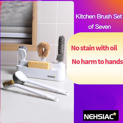 Kitchen Cleaning Brush Set of 7 with Handles and Base, Includes Pot, Bottle, Dishwashing, Crevice Cleaning Brushes, Hangable for Kitchen Countertops, Sinks, Pots, Pans, Dishware