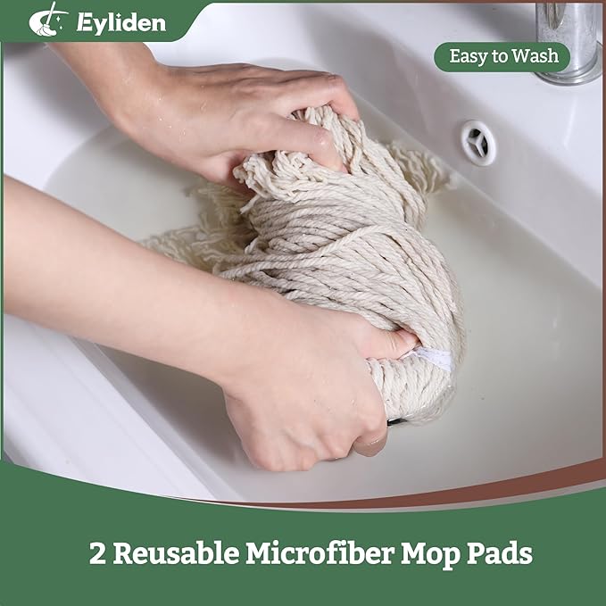 Eyliden String Mop with 2 Reusable Mop Heads, Non-Touch Replacement, Adjustable Cotton Mops for Floor Cleaning, No-Scratch Absorbent Classic Mop for Tile Concrete Wood Floor Kitchen Bathroom